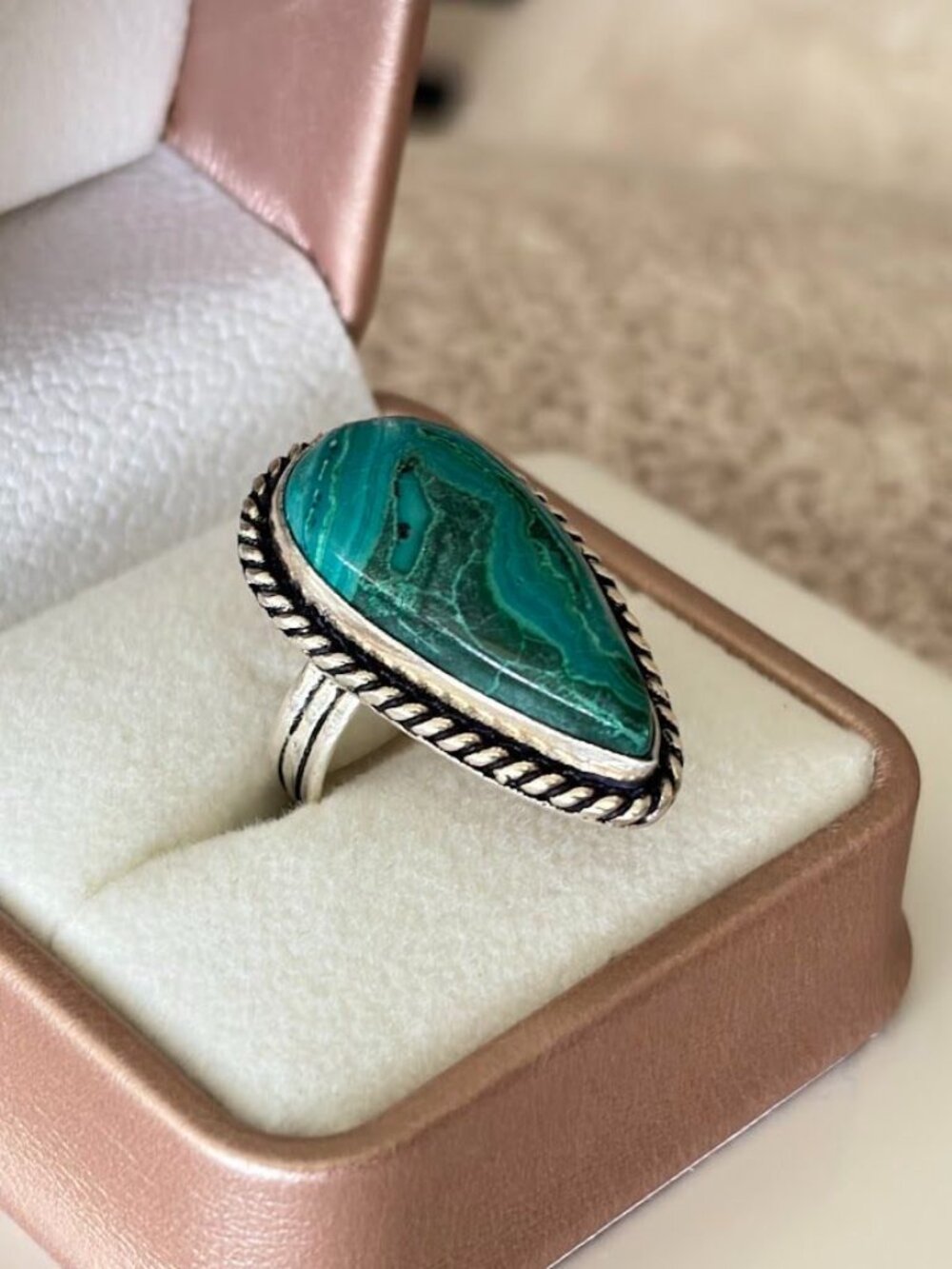 Chrysocolla Teardrop Stone Statement Ring 925 Silver Plated - Size 7